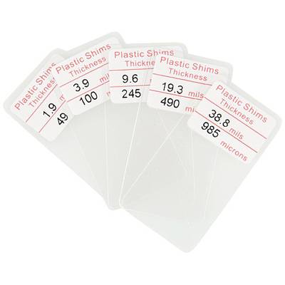 Fünf Plastikniveaus mit verschiedenen Dicken: 1.9, 3.6, 9.6, 19.3 und 38.8 Mils (Mikronwerte: 49, 90, 245, 490, 985).