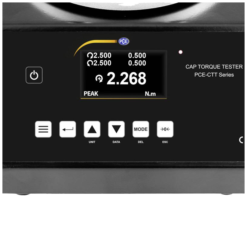 Anzeige eines Drehmomentmessgeräts mit dem aktuellen Wert von 2.268 Nm. Tasten für Ein/Aus, Menü und Datensteuerung darunter.