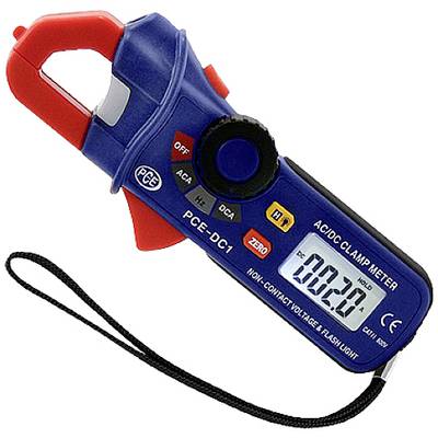 AC/DC-Stromzangenmultimeter mit roter und blauer Oberfläche, digitaler Anzeige, und Gurtband. Zeigt Messwert '002.0' an.