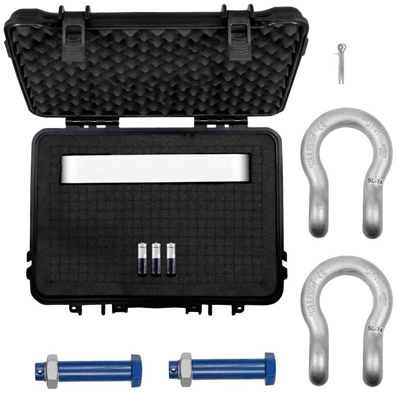 Schwarz gepolsterter Koffer mit zwei U-Schäkeln, zwei blauen Bolzen und drei kleinen, nicht identifizierbaren Zylindern.