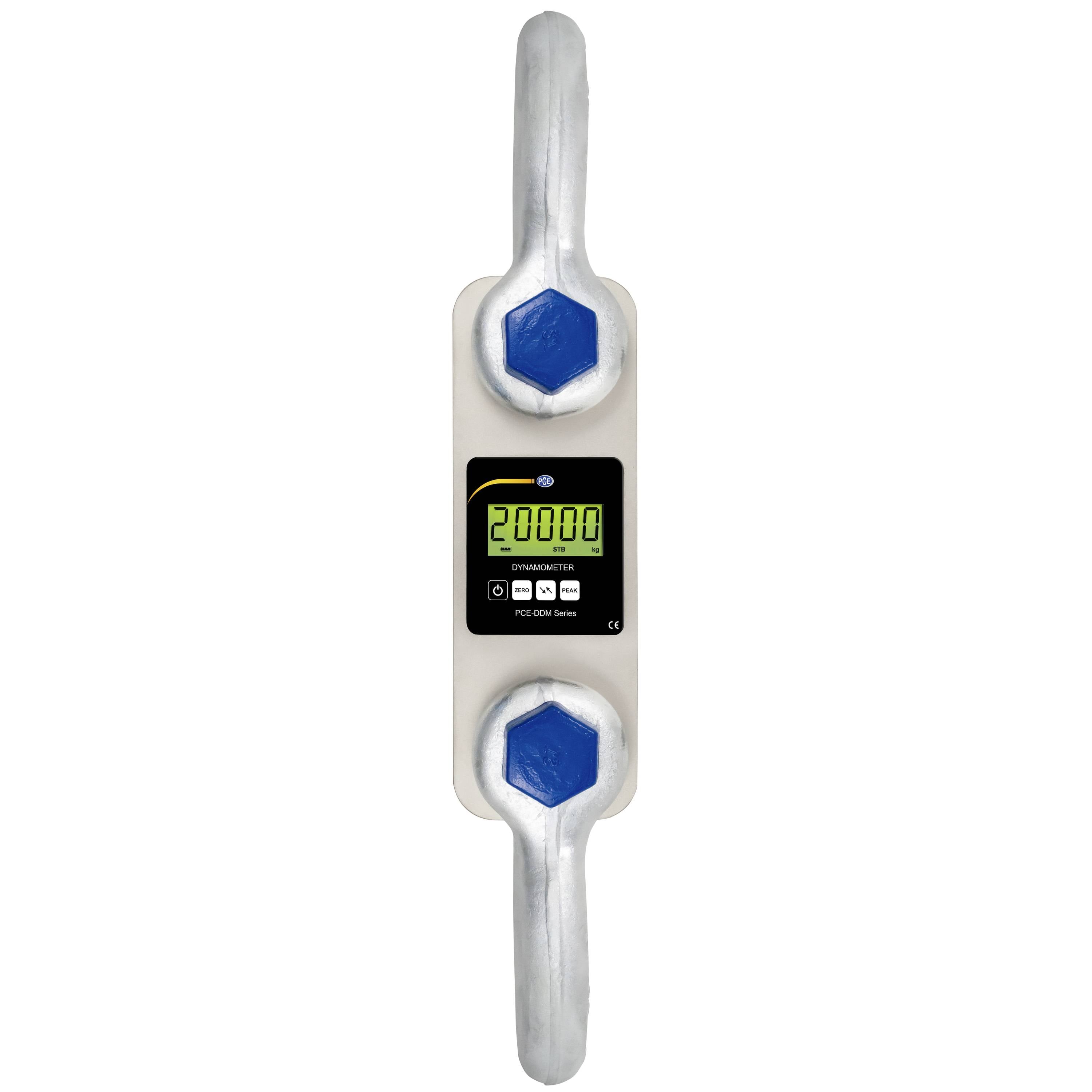 Digitaler Kraftsensor mit zwei blauen Befestigungspunkten und einem Display, das „20000" anzeigt