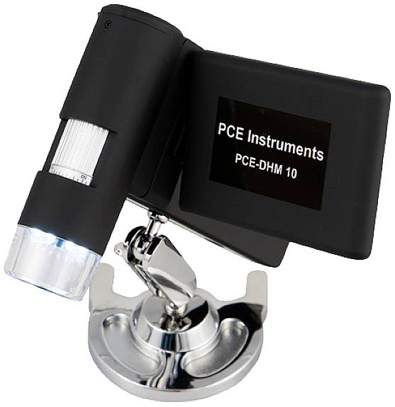 Digitales Mikroskop mit Display und Markenaufdruck 'PCE Instruments PCE-DHM 10', montiert auf einem stabilen Metallständer.