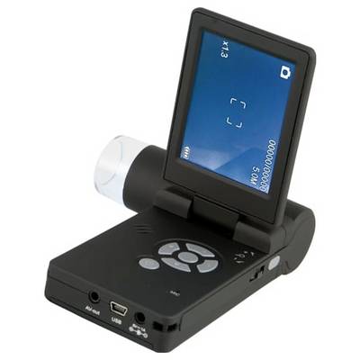 Tragbares digitales Mikroskop mit aufklappbarem Bildschirm, der die Kameraansicht zeigt, und Steuertasten an der Basis.