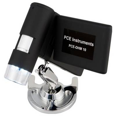 Schwarzes PCE-Messinstrumente PCE-DHM 10 digitales Mikroskop auf einem Ständer, in der Produktansicht mit Bildschirm und eingebauter Beleuchtung.