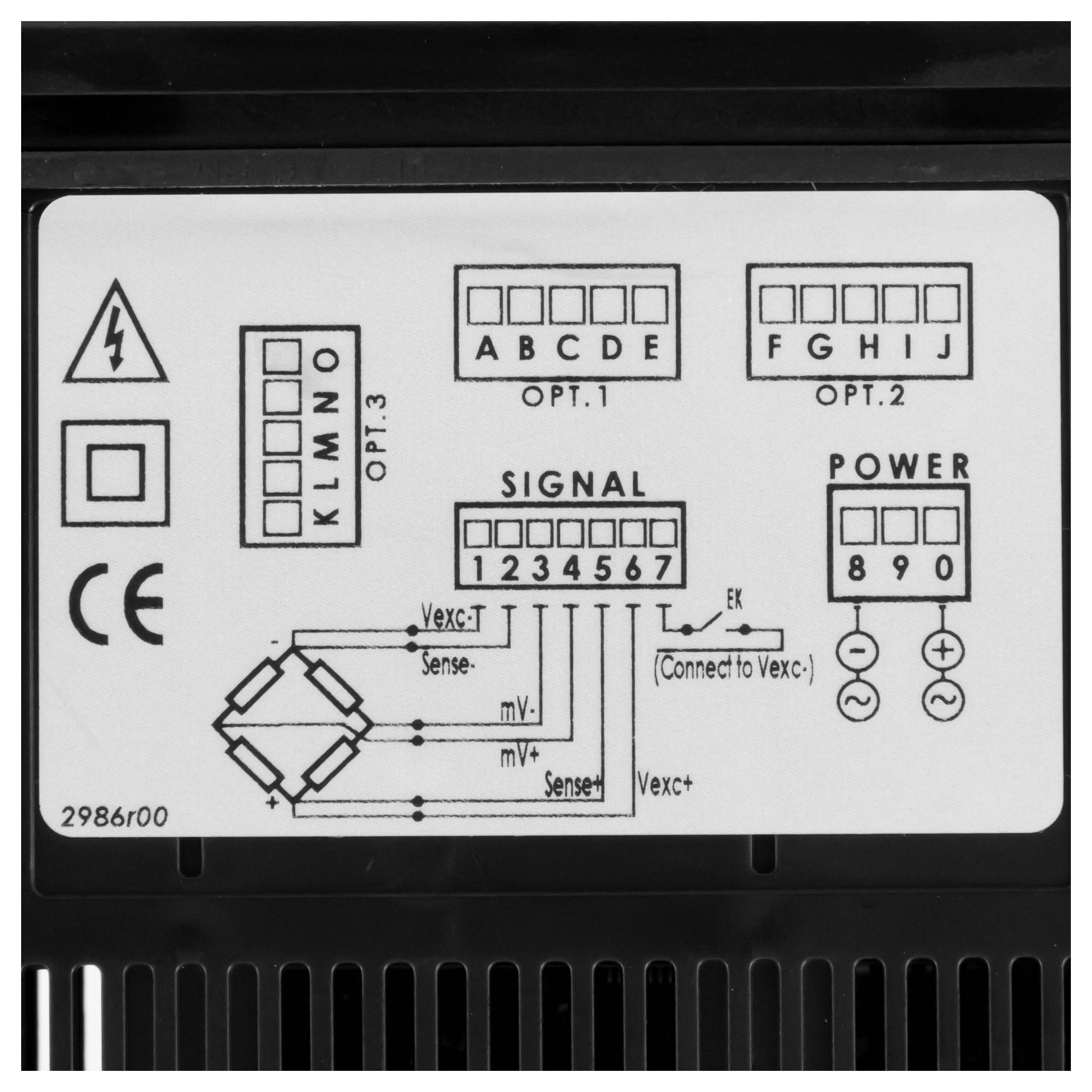 Beschriftetes Verdrahtungsschema für ein Gerät mit Signal-, Stromversorgungs- und Wahlterminals mit Stiftnummern und Verbindungssymbolen.