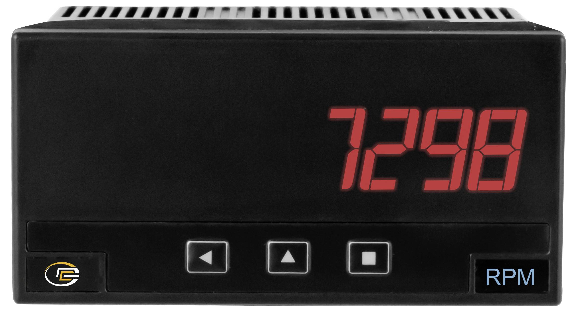 Schwarzes digitales Drehzahlanzeige-Display mit "7298" in Rot, mit drei Steuertasten und "RPM"-Beschriftung auf der Frontplatte.