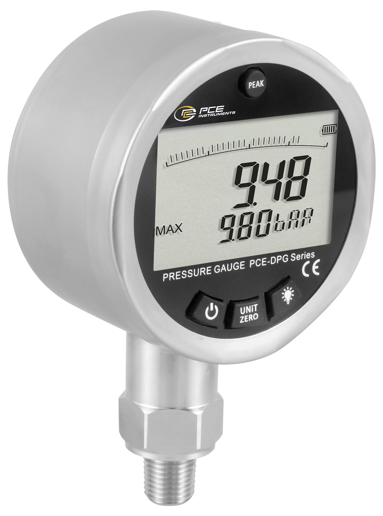 Digitales Druckmanometer zeigt 9,48 und Max. 9,80 bar an, mit einem gewindelten Metallstecker und einer Beschriftung der Serie „PCE-DPG".