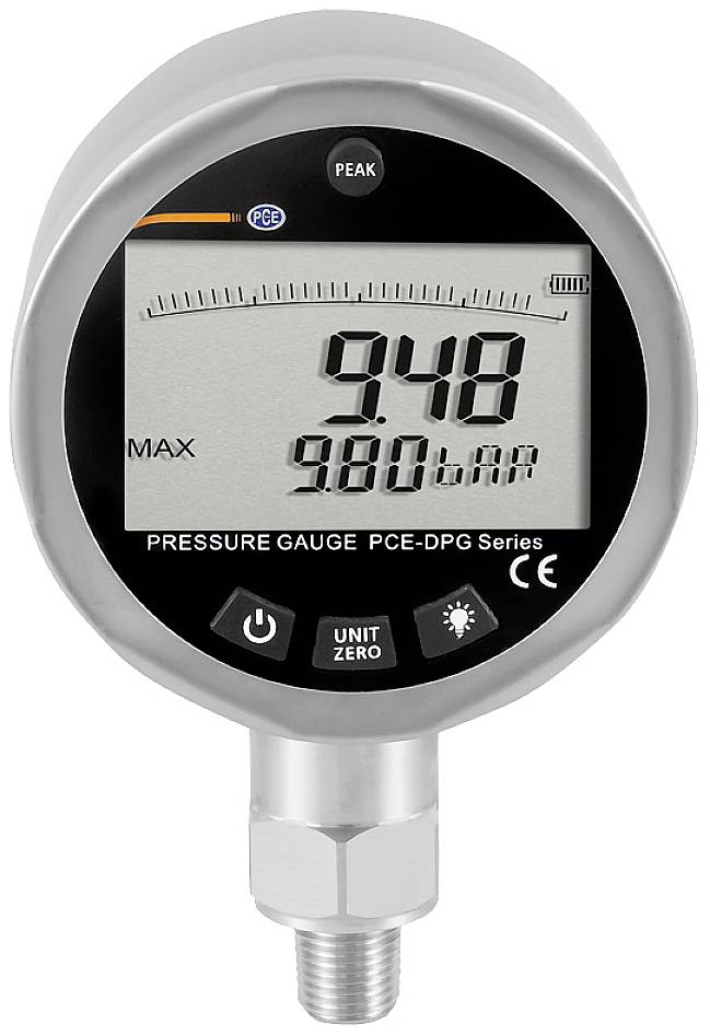 Digitalmanometer mit Display zeigt '9,48' und '980 mbar'. Silbernes Gehäuse, schwarzes Bedienfeld mit Tasten 'Unit' und 'Zero'.