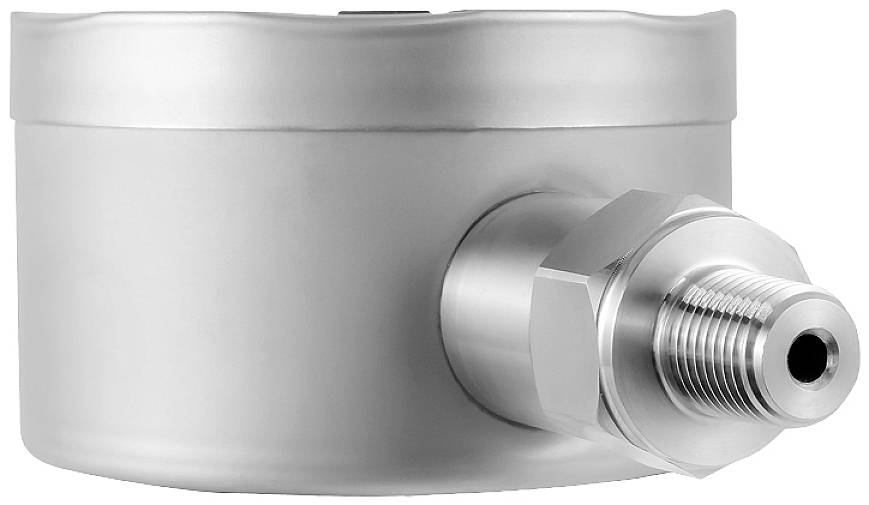 Ein metallischer Drucksensor mit zylindrischem Gehäuse und Anschlussgewinde, seitlich abgebildet.