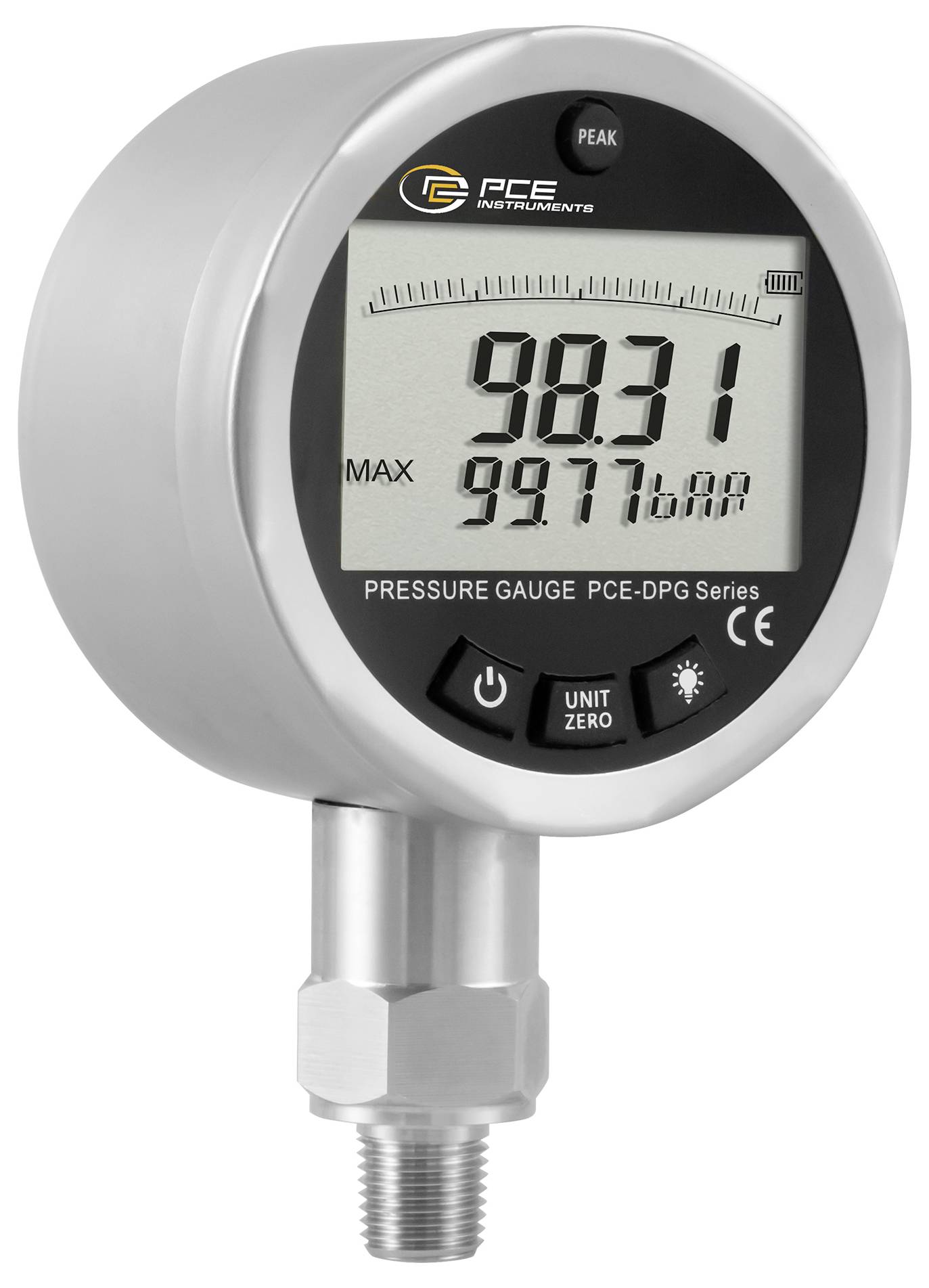 Digitales Druckmessgerät mit einer Anzeige von 98,31 und Maximum 99,7 bar, mit PCE Instruments Branding und einem Gewindeverbinder aus Metall.