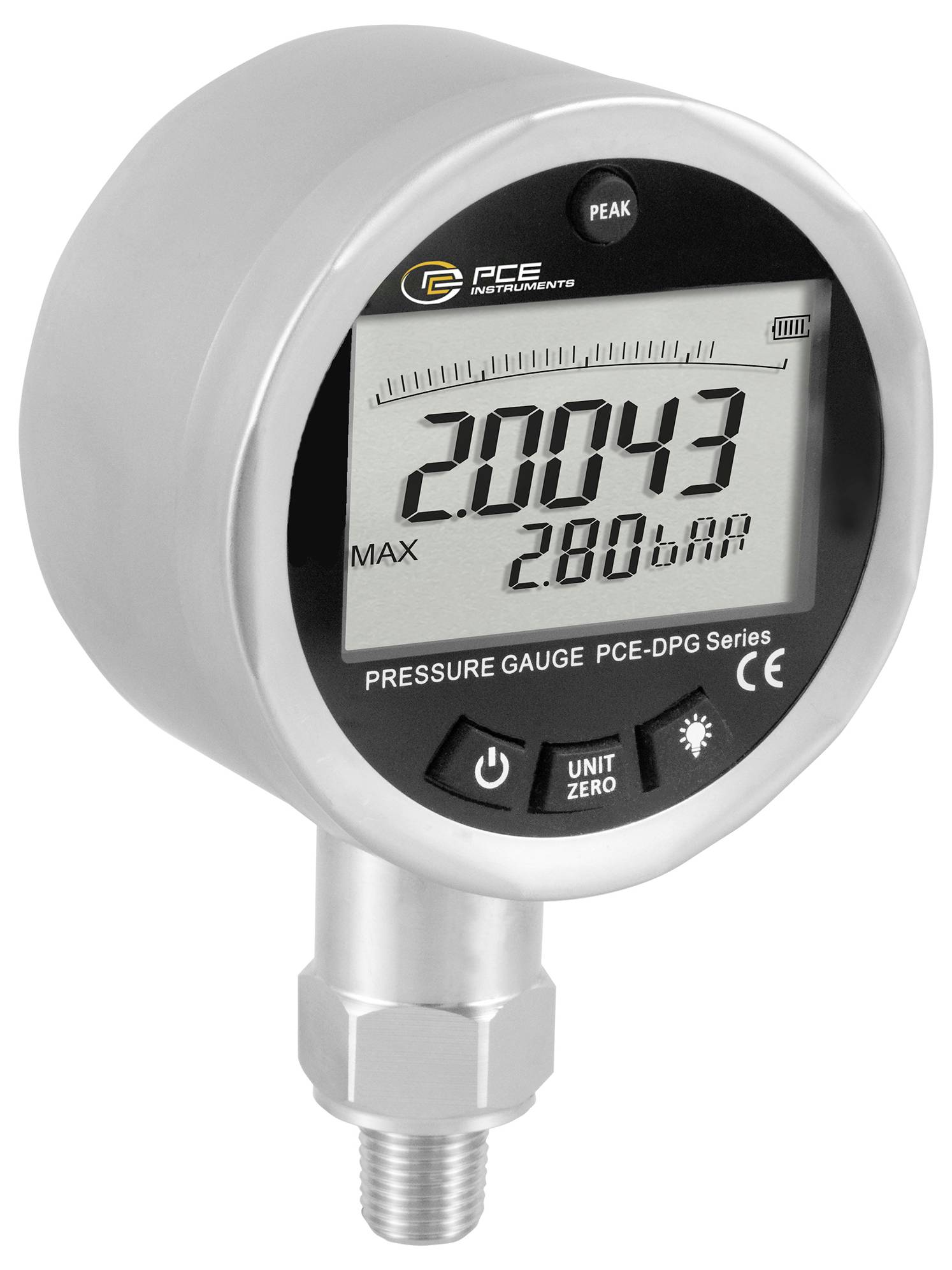 Digitales Druckmanometer mit LCD-Anzeige 2.0043, Max. 2.800 bar und „PEAK"-Anzeige auf einem PCE Instruments Manometer.