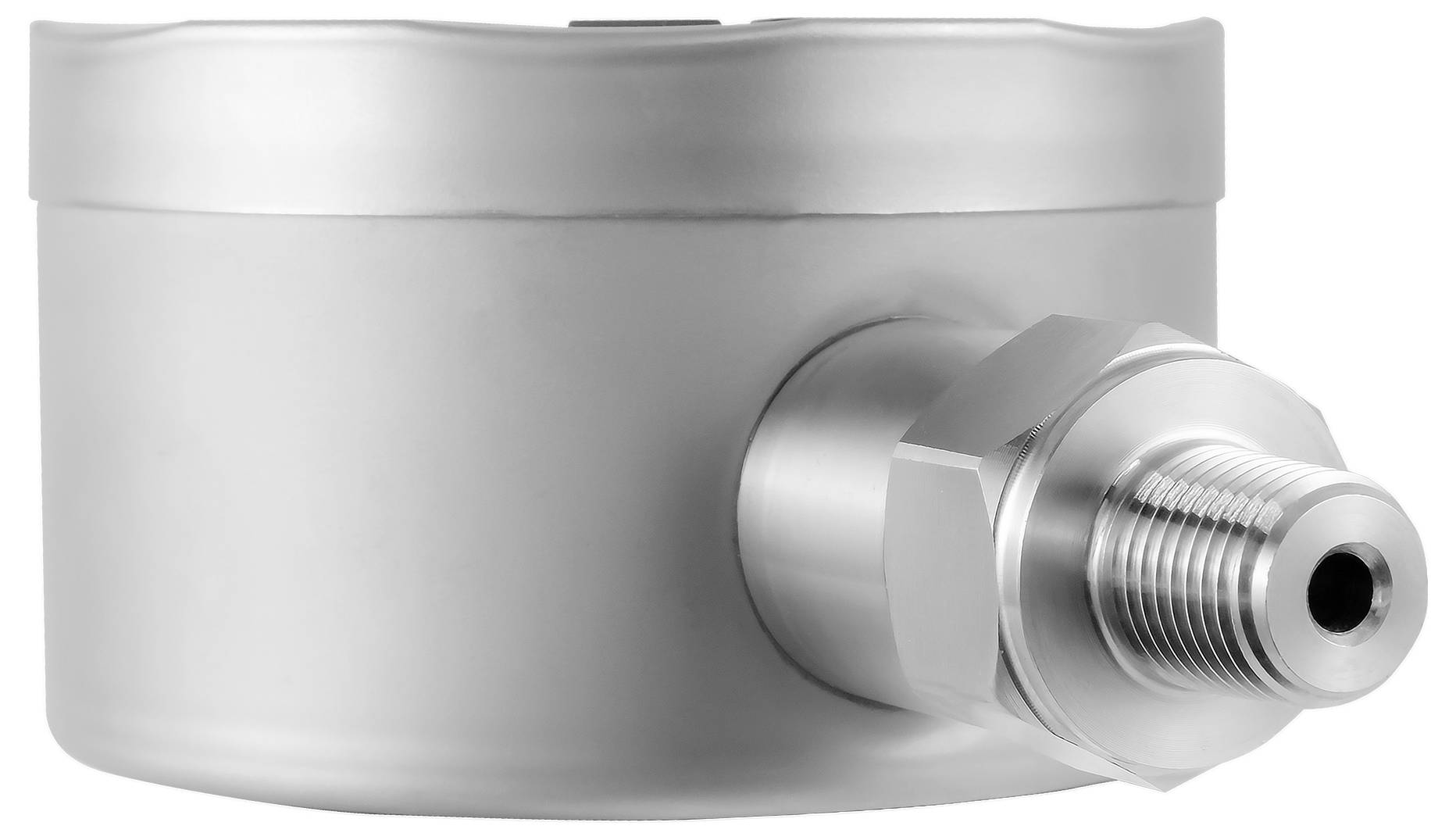Silberner zylindrischer Metalldruckmesser oder -sensor mit gewindeförmiger Seitenarmatur, gezeigt auf weißem Hintergrund.