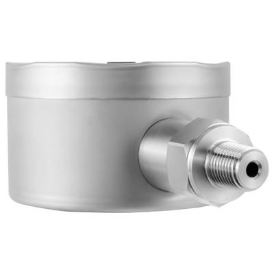 Silberner zylindrischer Metalldruckmesser oder -sensor mit gewindeförmiger Seitenarmatur, gezeigt auf weißem Hintergrund.