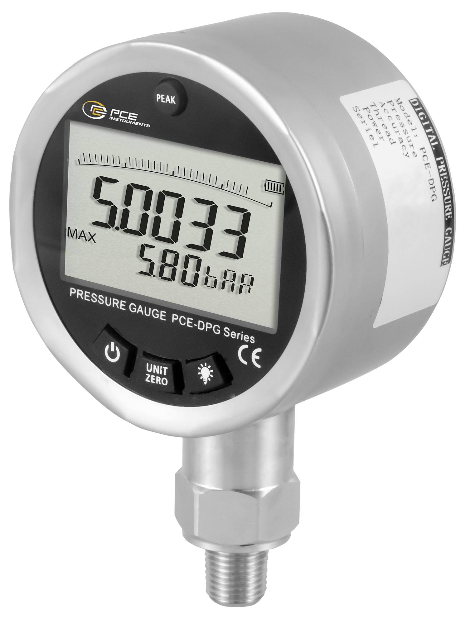 Digitales Druckmanometer zeigt 50033 mit 'MAX' und 5806 bar auf dem Display, montiert auf einer Metallgewindebefestigung.