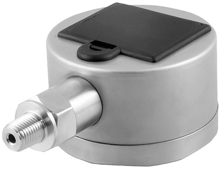 Ein metalldruckgeber mit zylindrischem Gehäuse und Flansch, geeignet für industrielle Anwendungen. Glatte Oberfläche und kompakte Bauweise.