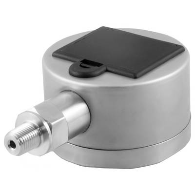 Druckmessgerät aus Silber mit gewindeltem Metallstecker und schwarzer Oberklappe, gezeigt auf weißem Hintergrund.