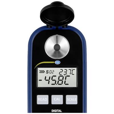 Digitales Messgerät mit Display, das 'SO2 23,7°C' und '-45,8°C' anzeigt. Tasten für Lesen, Kalibrieren, Skalieren, oben offene Abdeckung.