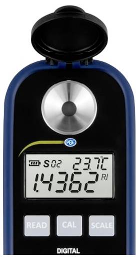 Tragbares digitales Messinstrument mit offener Sensorkappung, zeigt eine Messung von 14362 und 23,7°C auf dem Display an, mit READ-, CAL- und SCALE-Tasten.