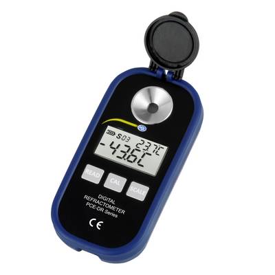 Digitales Refraktometer mit offener Linsenkappe, digitales Display zeigt 43,6° und 23,7°C an, und Tasten mit den Beschriftungen READ, CAL und SCALE.