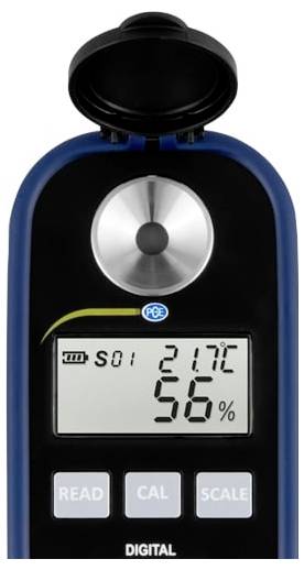 Digitales pH-Messer mit offenem Deckel, zeigt 21,7°C und 56% auf dem Display an, mit READ-, CAL- und SCALE-Tasten.