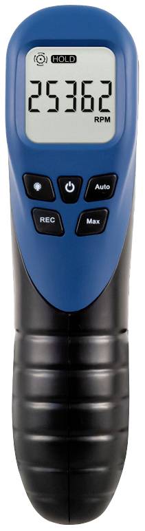 Ein blau-schwarzes digitales Handgerät zeigt '25362 RPM' auf dem Display an, mit Hold-, REC-, Auto- und Max-Tasten darunter.