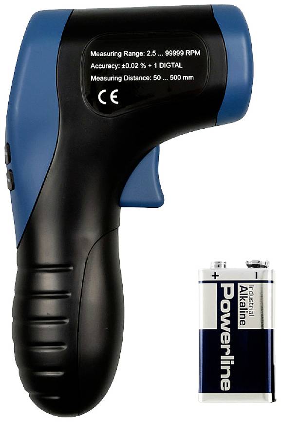 Handdruckmessgerät mit blau-schwarzem Griff. Anzeige: 'Messbereich: 2,5 - 99999 U/min. Genauigkeit: ±0,02 % ± 1 DIGITAL'. Alkaline-Batterie daneben.