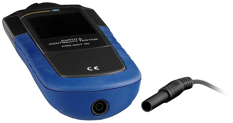 Ein blau-schwarzer Karten- und Kontinuitätsprüfer mit CE-Kennzeichnung, abgebildet mit einem abnehmbaren Kabel an der rechten Seite.