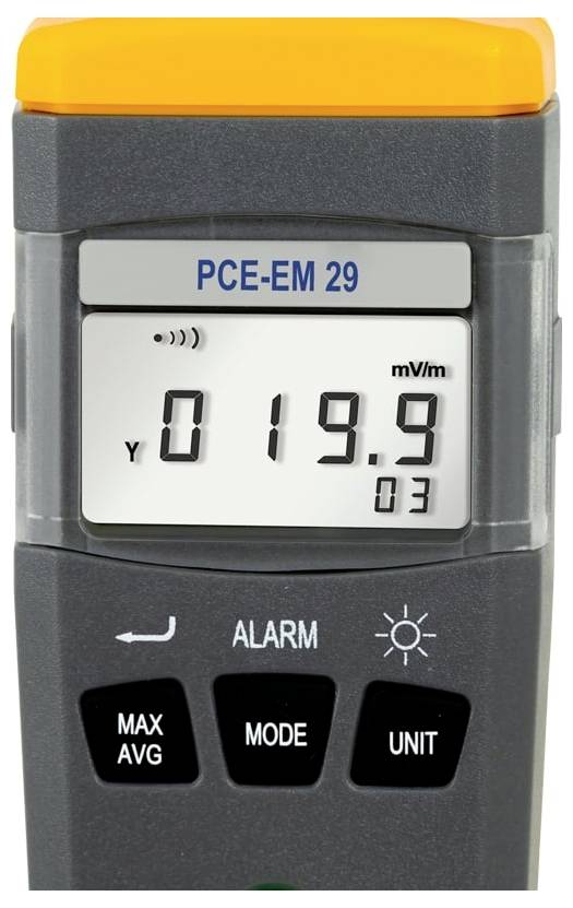 Tragbares Messinstrument mit der Anzeige „PCE-EM 29" und einer Anlesung von 019,9 mit „03" darunter, sowie Tasten für MAX/AVG, MODE, UNIT und ALARM.