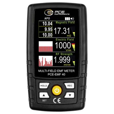 Tragbares PCE-Multi-Feld-EMF-Messgerät-Display zeigt Magnetfeld 17,31 mG, elektrisches Feld 1000 V/m und HF-Stärke 1,999 mV/m.