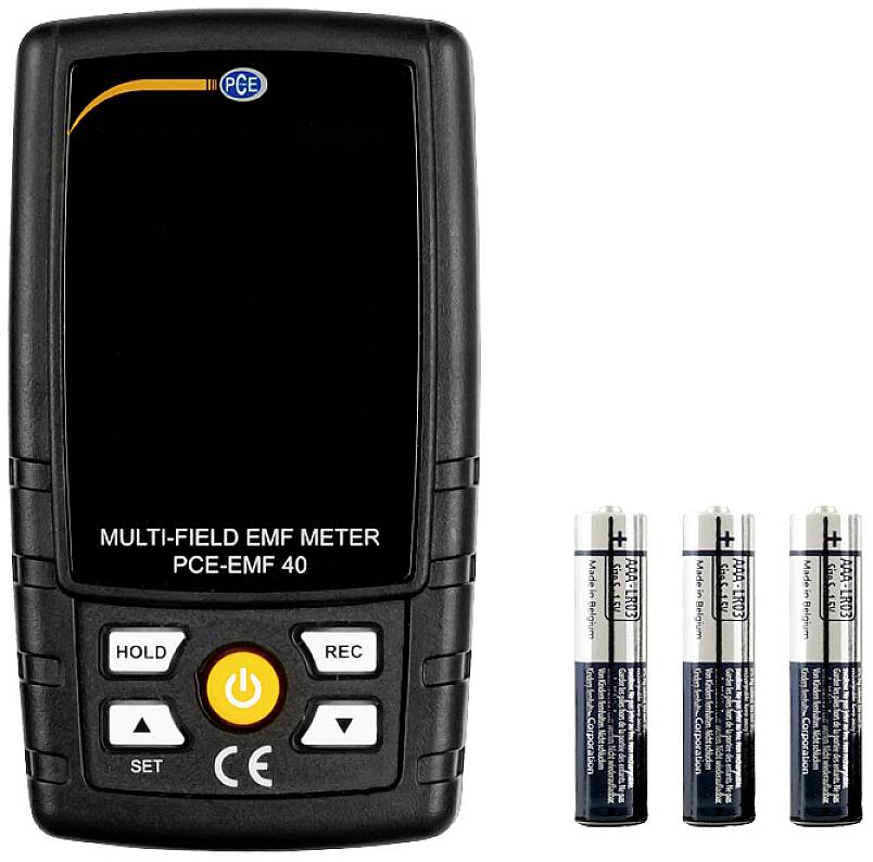 Ein schwarzes Multifeld-EMF-Messgerät mit drei danebenliegenden Batterien.