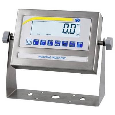 Digitale Wägeanzeige mit Display zeigt 0,0 kg an, montiert in einem Metallrahmen mit Steuertasten und seitlichen Drehknöpfen.