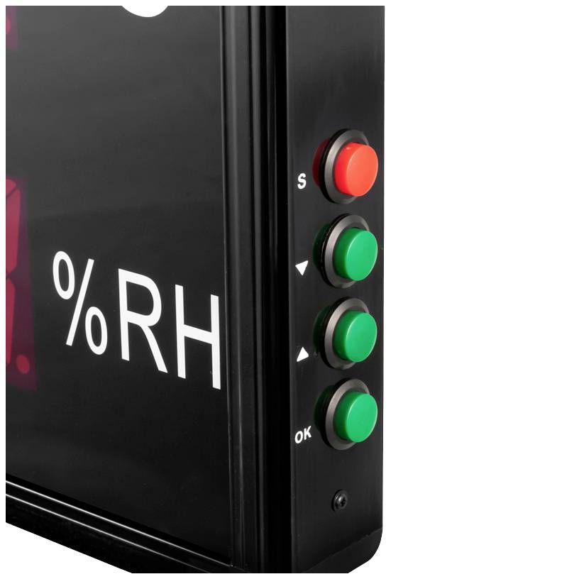 Das Bild zeigt eine schwarze Oberfläche mit drei bunten Tasten: Rot oben ('S'), zwei Grün ('OK'). Links steht '%RH' in Weiß.