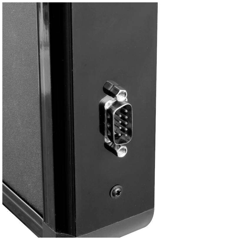 Ein schwarzes elektronisches Gerät mit einem 9-poligen seriellen Anschluss auf der rechten Seite.