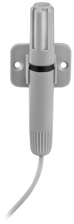 Ein grauer Sensor mit zwei Befestigungslöchern an der Halterung und einem Kabelanschluss unten.