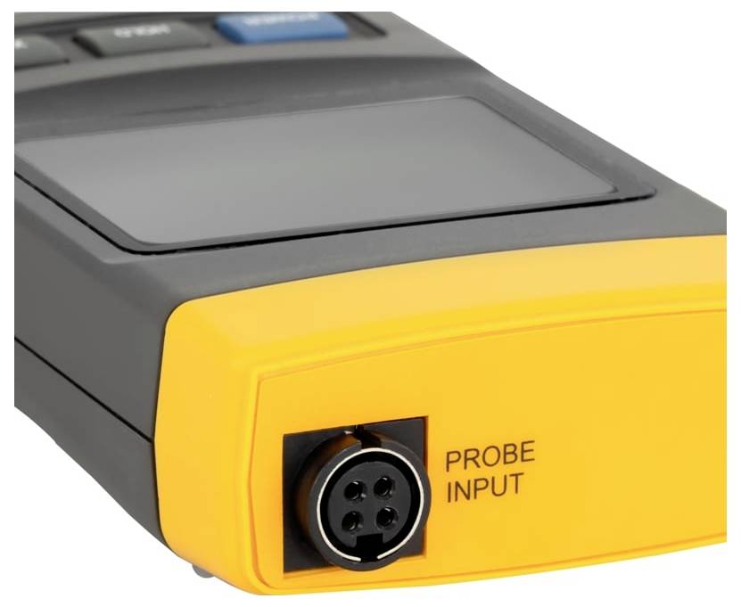 Nahaufnahme eines tragbaren elektronischen Geräts mit einem kreisförmigen Sondeneingangsport mit der Aufschrift „PROBE INPUT" auf einem gelben Frontpanel.