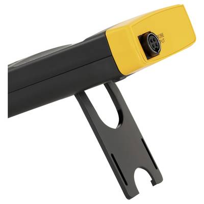 Nahaufnahme eines schwarzen und gelben tragbaren Werkzeugs mit einem 4-Pin-Messsondenstecker und einer Aufhängehalterung.