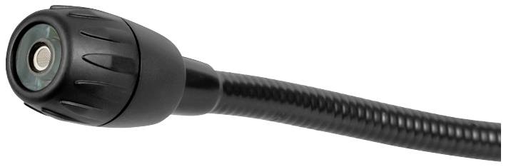 Ein schwarzes Mikrofon mit flexiblem Schwanenhals, geeignet für die Aufnahme von Sprache oder Musik.