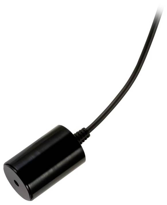 Schwarzer zylindrischer kabelgebundener Sensor oder Stecker mit einem einzelnen Kabel, das sich von der Oberseite erstreckt, vor einem weißen Hintergrund dargestellt.