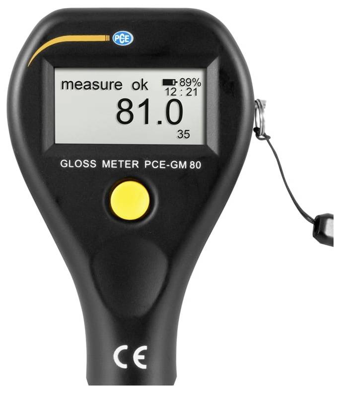 Tragbares Glanzmeßgerät mit einer Anzeige von 81,0, mit "Messung OK" und einem Batterieindikator bei 89% auf dem Display.