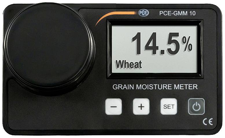 Digitales Feuchtigkeitsmessgerät zeigt '14,5% Wheat' auf Display, verwendet für Messung von Getreidefeuchtigkeit. Enthält Tasten für Einstellungen.