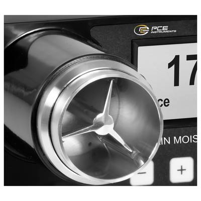 Nahaufnahme eines Luftfeuchte-Messgeräts von PCE Instruments mit zylindrischer Metalldüse, digitalem Display und Plus-/Minus-Tasten.