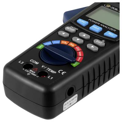 Tragbarer Stromanalysator mit Display, Steuertasten und Drehwähler zur Messung von Spannung, Strom und Leistung.