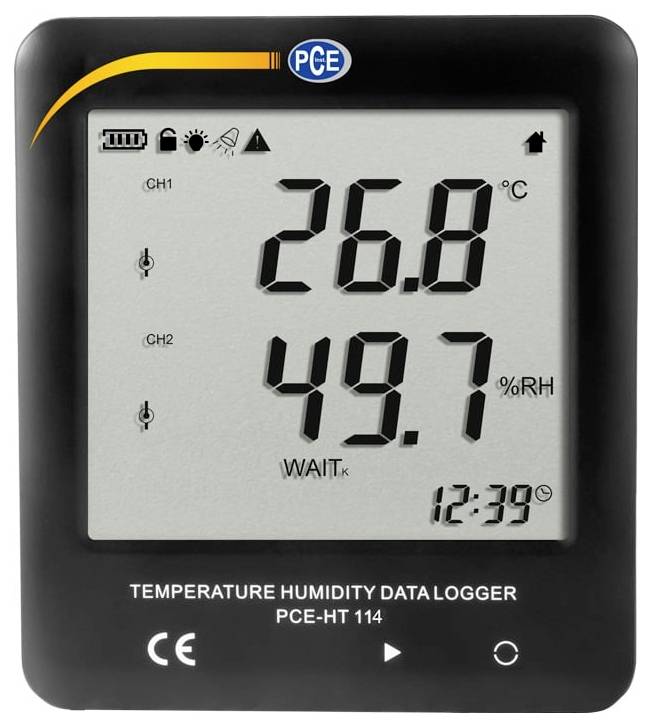 Digitales Temperatur- und Feuchtemessgerät-Display mit Anzeige von CH1 26,8°C und CH2 49,7% relative Luftfeuchte, mit Uhrzeit 12:39.