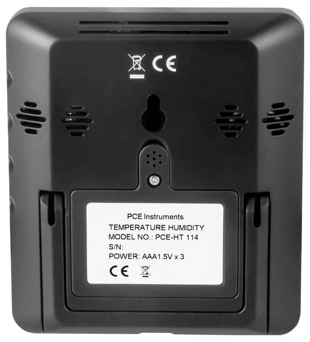 Rückseite eines Temperatur- und Feuchtemessgeräts von PCE Instruments mit Wandmontage-Schlitz, Lautsprecherlüftungen und Batteriefachetiketten.