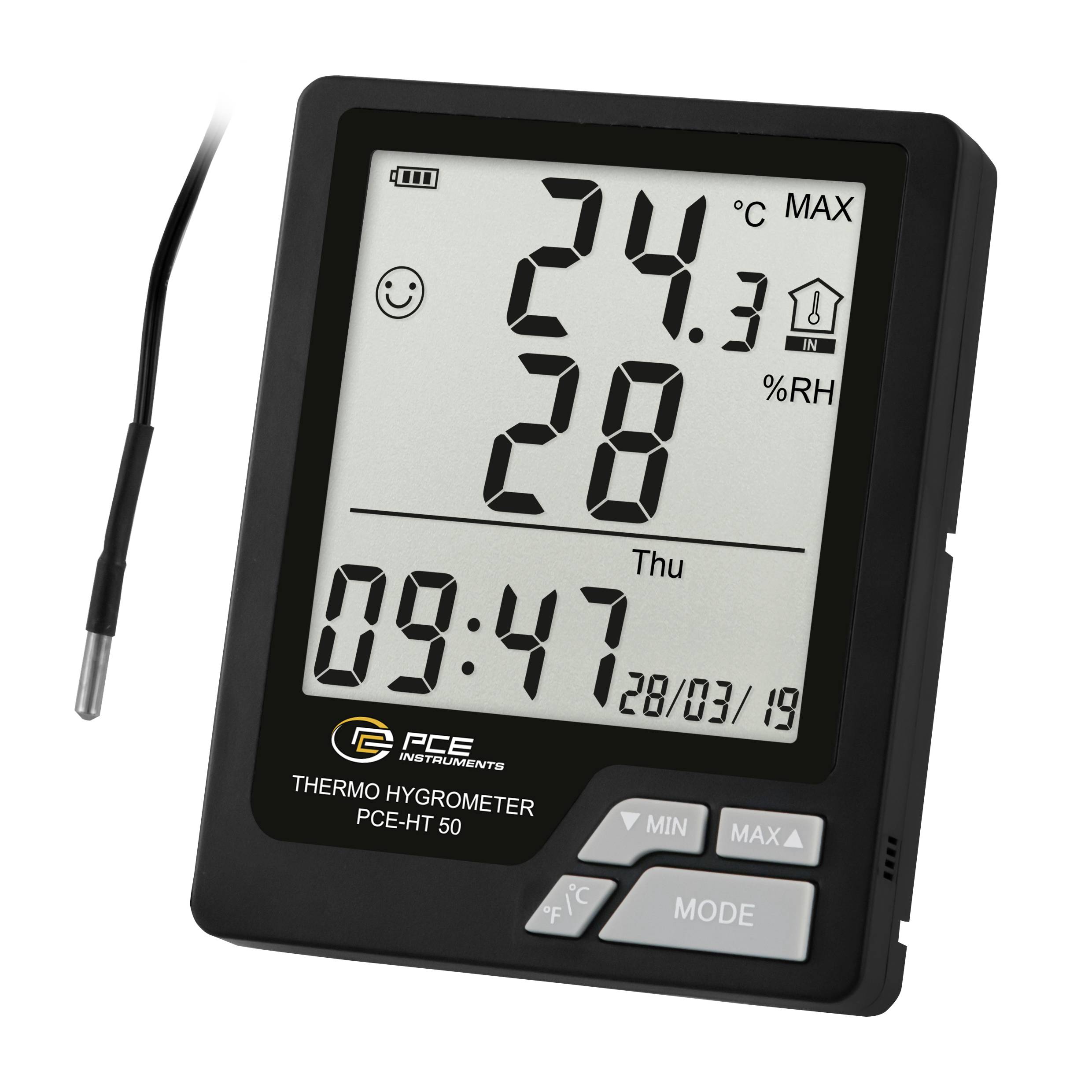 Digitales Thermohygrometer mit Sonde zeigt 24,3°C und 28% relative Luftfeuchte, Uhrzeit 09:47, Datum 28/03/19 und Min./Max.-Regler.