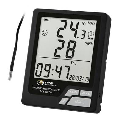 Digitales Thermohygrometer mit Sonde zeigt 24,3°C und 28% relative Luftfeuchte, Uhrzeit 09:47, Datum 28/03/19 und Min./Max.-Regler.
