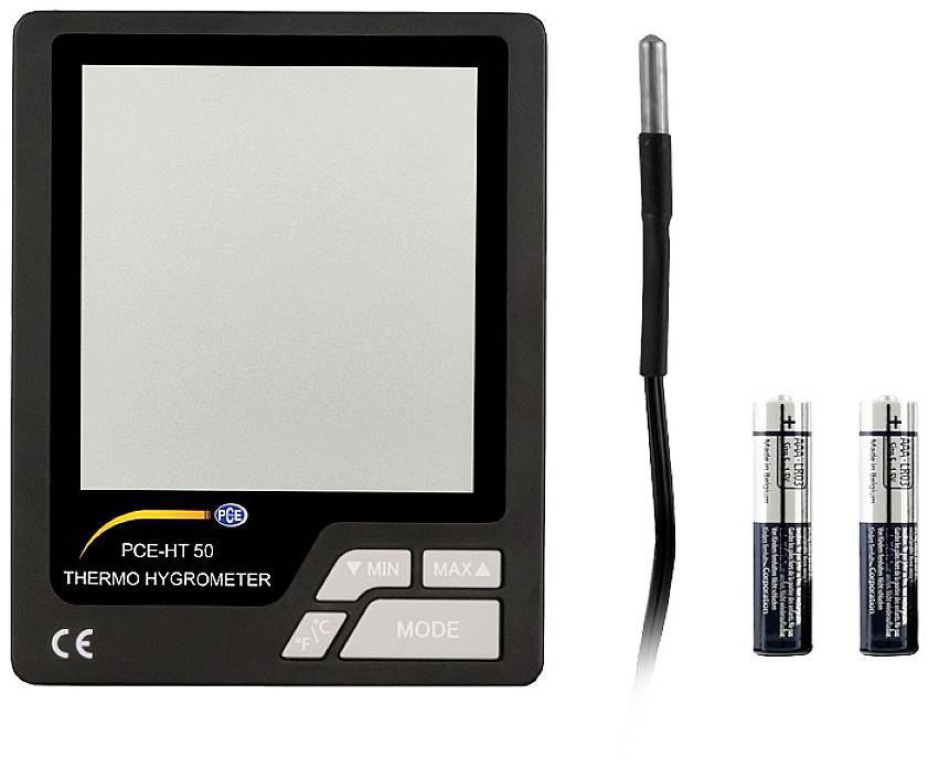 Hygrometer mit digitalem Display und externem Sensor, inklusive zweier AA-Batterien.