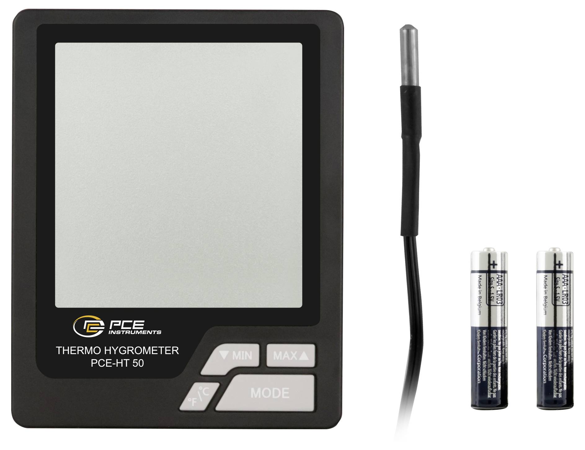 Digitales Thermo-Hygrometer mit Sonde und zwei Batterien, bezeichnet PCE-HT 50.