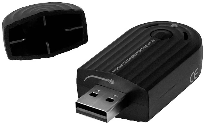 USB-Datenlogger mit abnehmbarem Schutzkappe und CE-Kennzeichnung, zur Aufzeichnung von Temperatur- und Feuchtigkeitsdaten.
