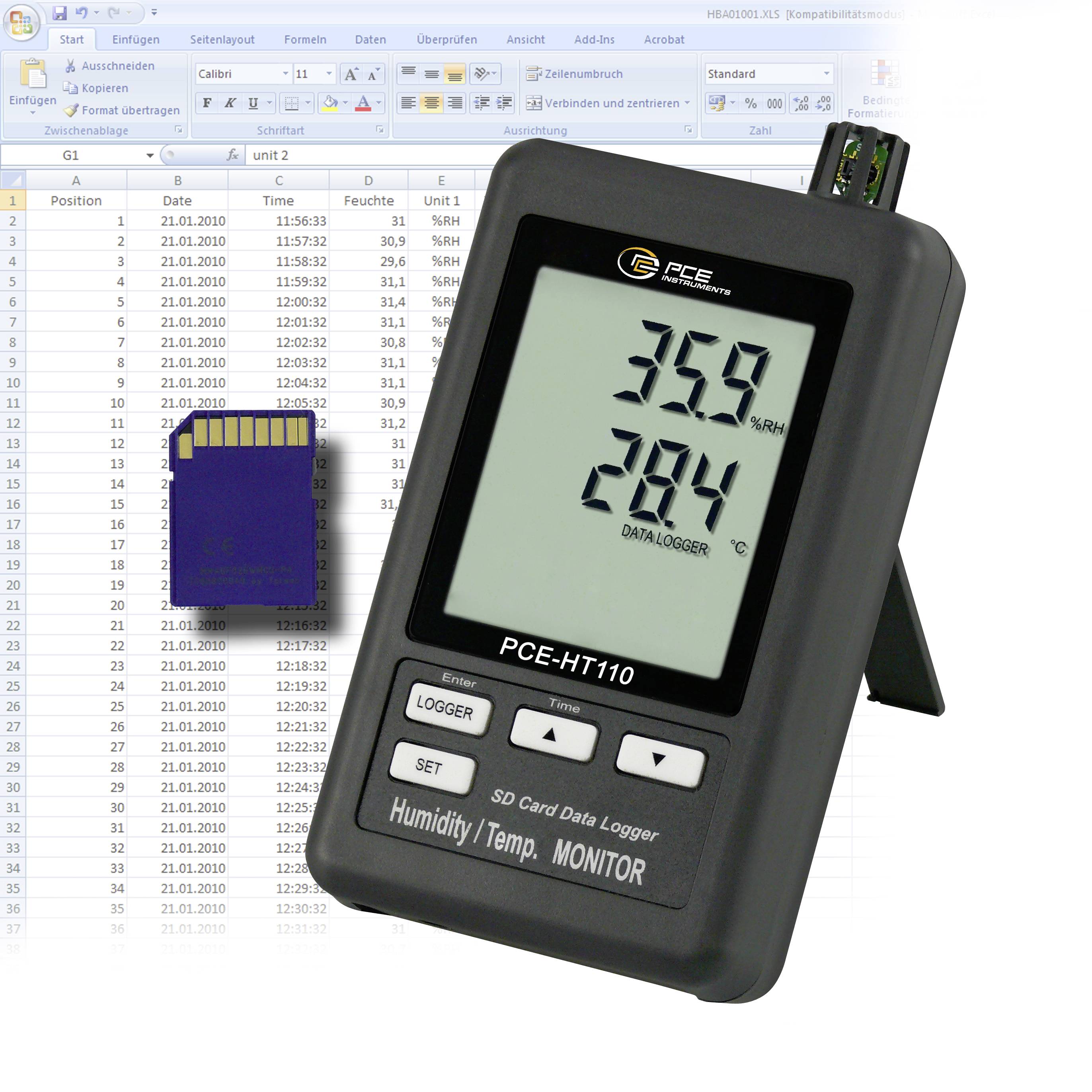 Digitales Feuchte- und Temperatur-Datenlogger mit SD-Karte, zeigt 35,9% relative Luftfeuchte und 29,4°C vor einem Tabellenkalkulationsprogramm und einer Speicherkarte.